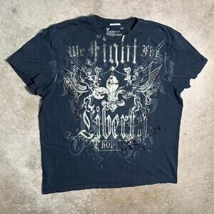 Vintage Y2K American Eagle Grunge Goth AOP Graphic Tee Men XL Black Silver Shirt